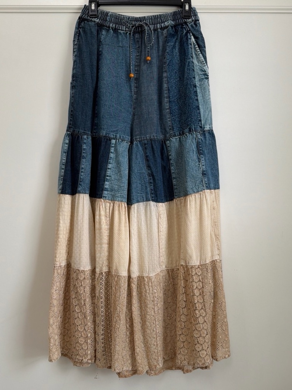 Young Threads Latte Mixed-Media Denim Lace Wide-Leg Palazzo Pants NWT M